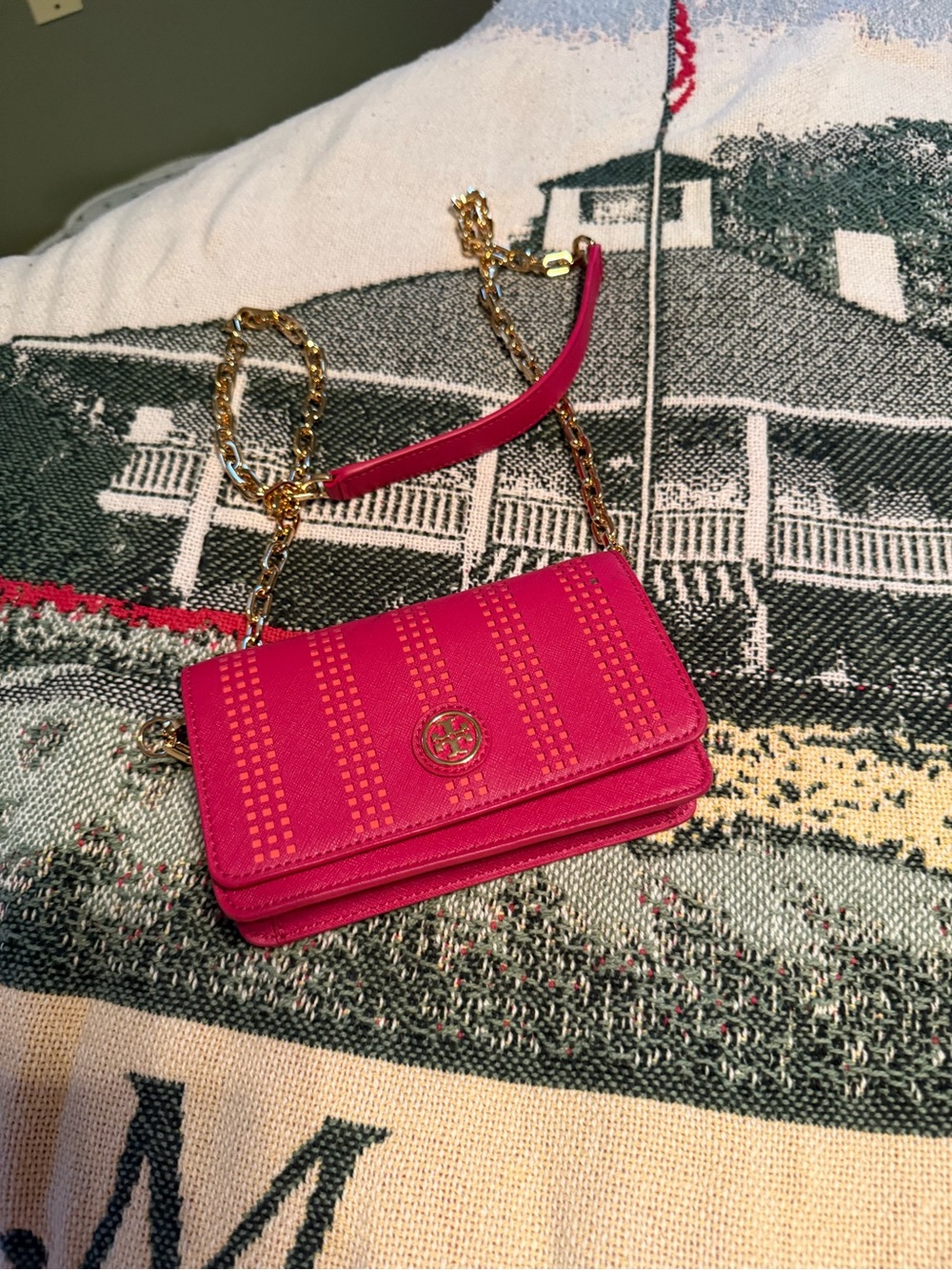 Tory Burch Hot Pink Leather Chain Crossbody with Gold Hardware